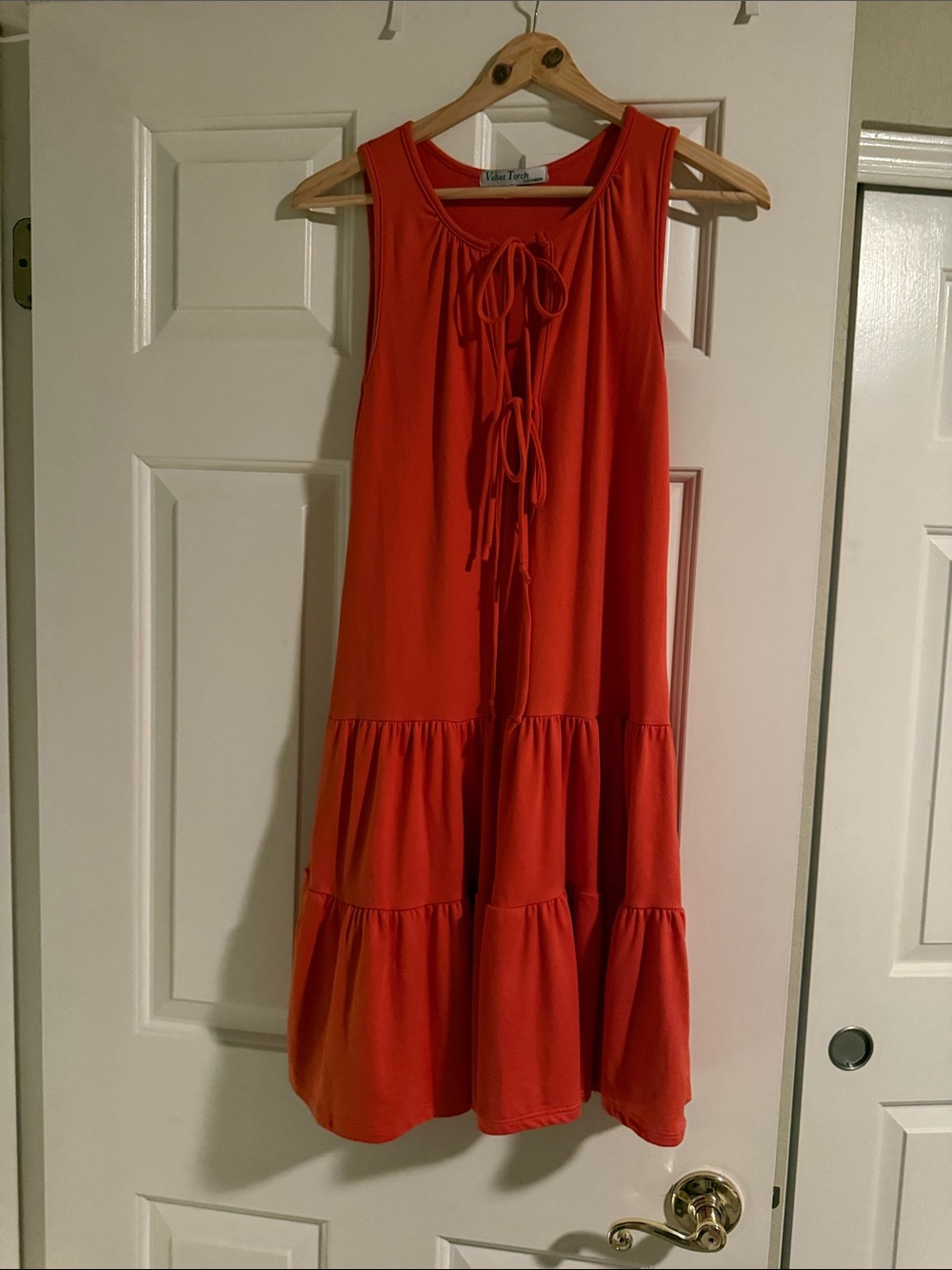 Velvet Torch Sleeveless Tiered Tie-Front Dress in Coral